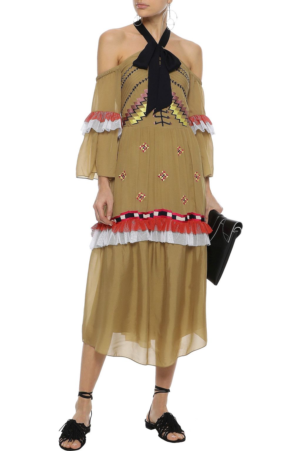 TEMPERLEY LONDON Traveller cold-shoulder ruffled embroidered crepe midi dress