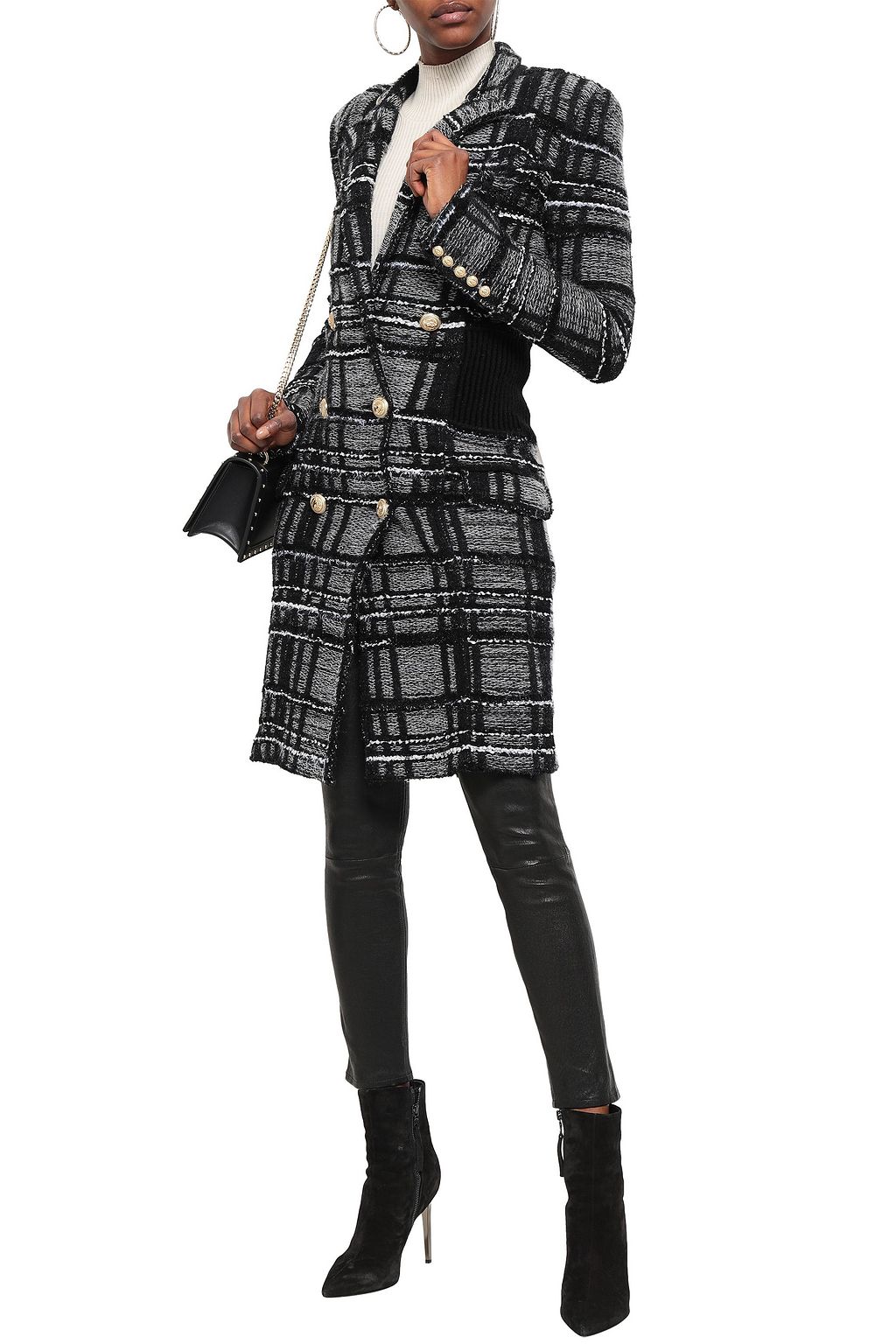 BALMAIN Double-breasted checked bouclé-tweed coat