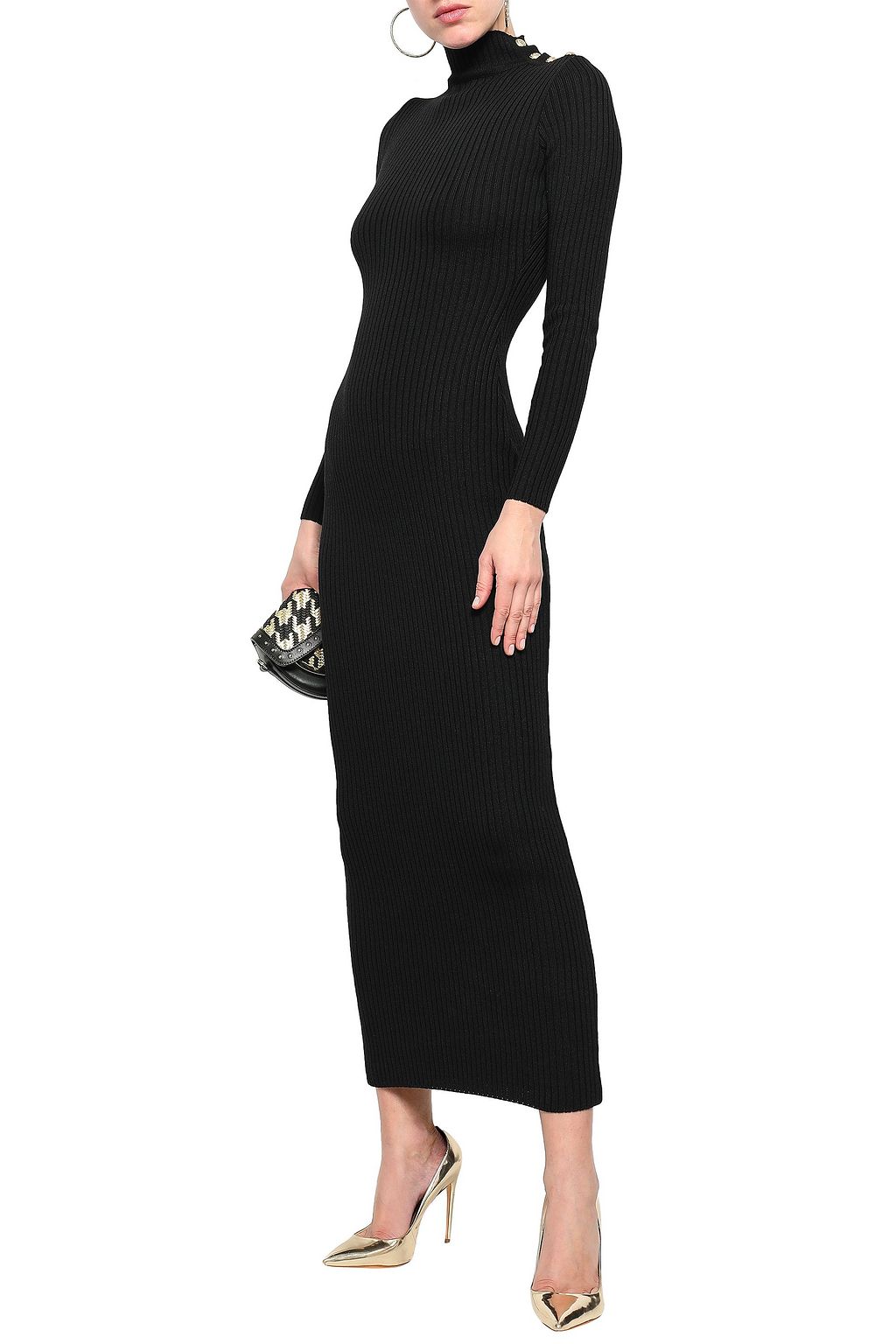 BALMAIN Ribbed merino wool turtleneck maxi dress