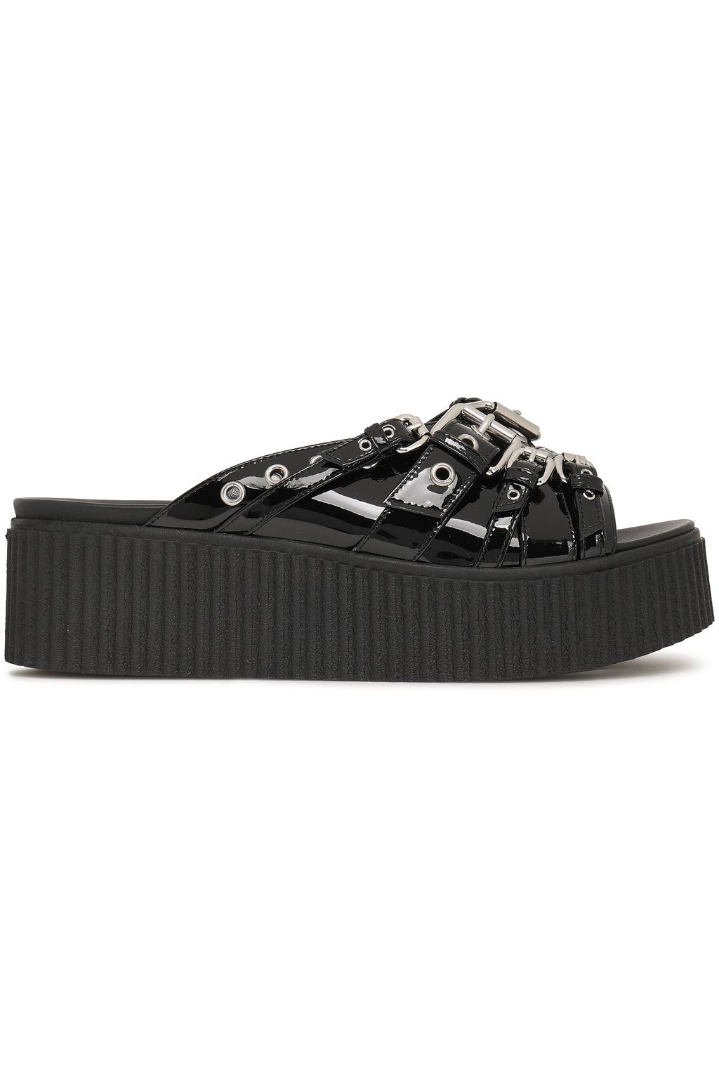 black leather platform slides