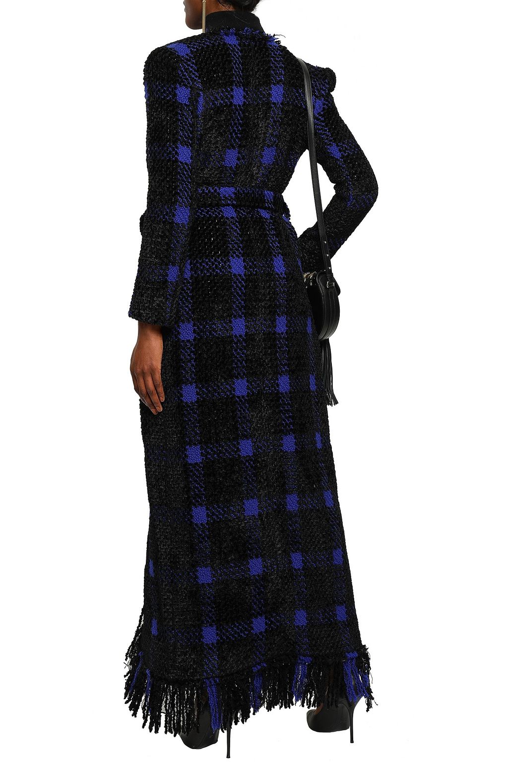BALMAIN Fringed checked wool-blend tweed coat