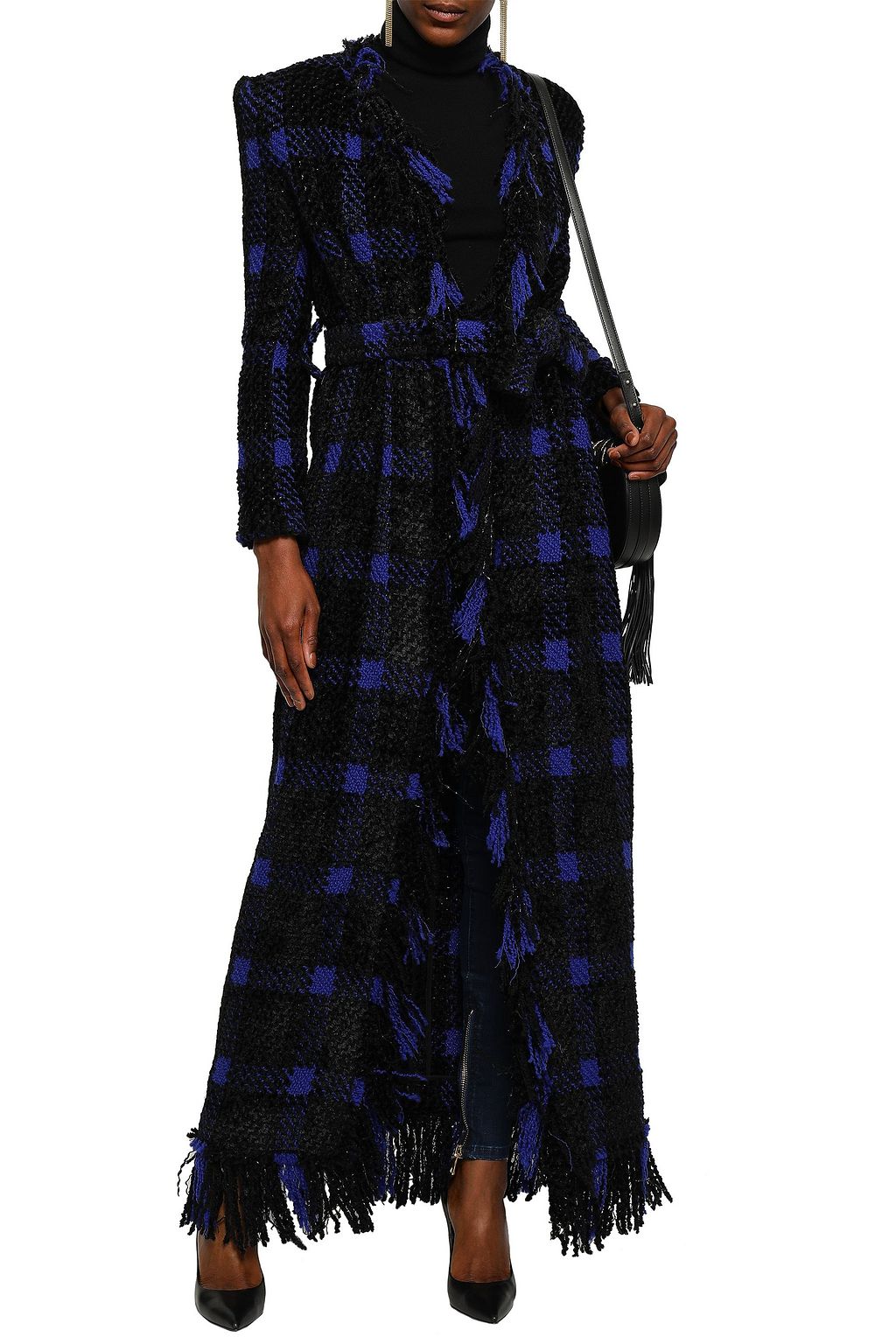 BALMAIN Fringed checked wool-blend tweed coat