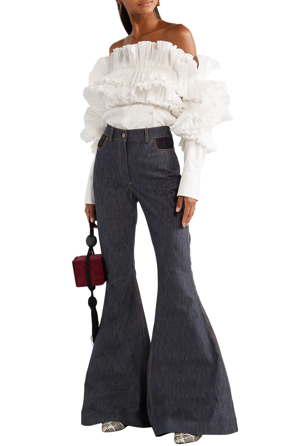 ROSIE ASSOULIN Checked tweed-paneled high-rise flared jeans