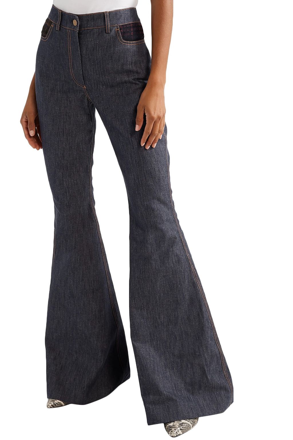 ROSIE ASSOULIN Checked tweed-paneled high-rise flared jeans