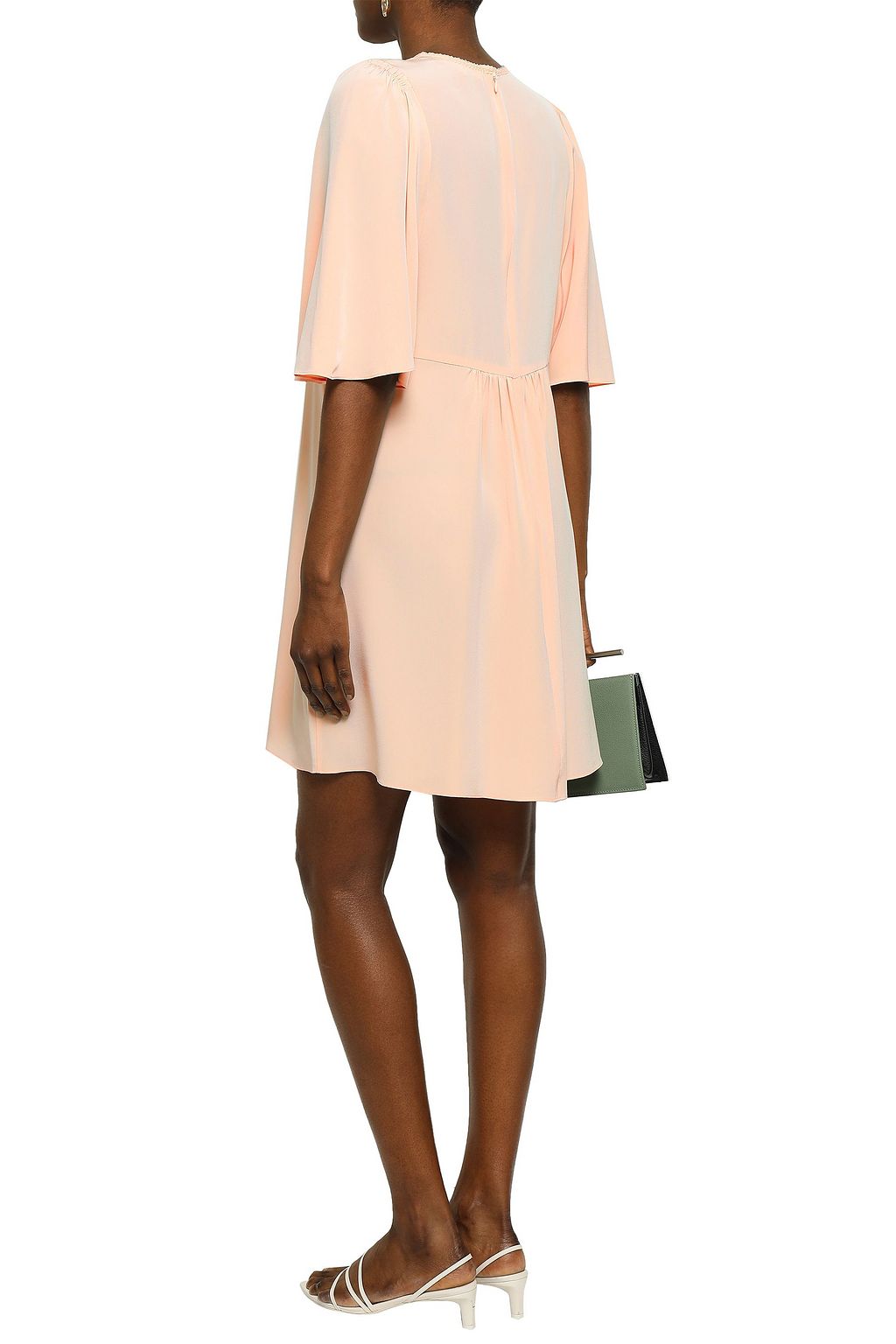 VANESSA BRUNO Lace-trimmed gathered silk crepe de chine mini dress