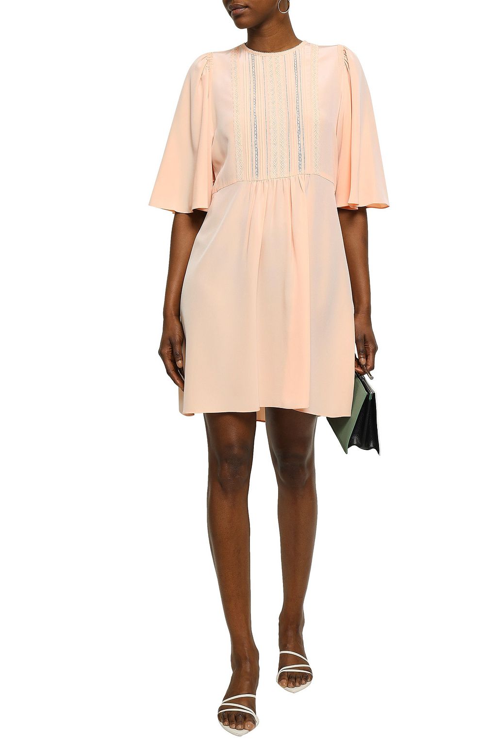 VANESSA BRUNO Lace-trimmed gathered silk crepe de chine mini dress