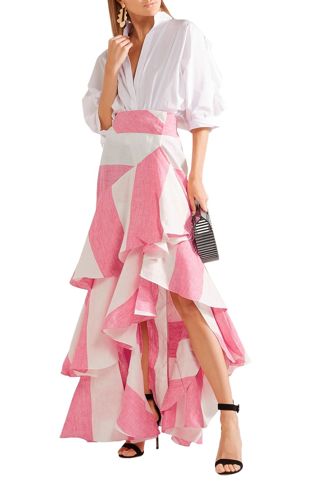JOHANNA ORTIZ Tabasco ruffled striped linen wrap maxi skirt