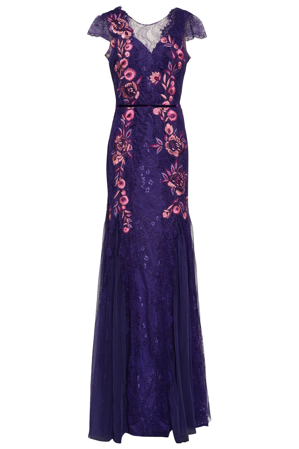 Indigo Tulle-paneled embellished Chantilly lace gown | Sale up to 70% off | THE  OUTNET | MARCHESA NOTTE | THE OUTNET