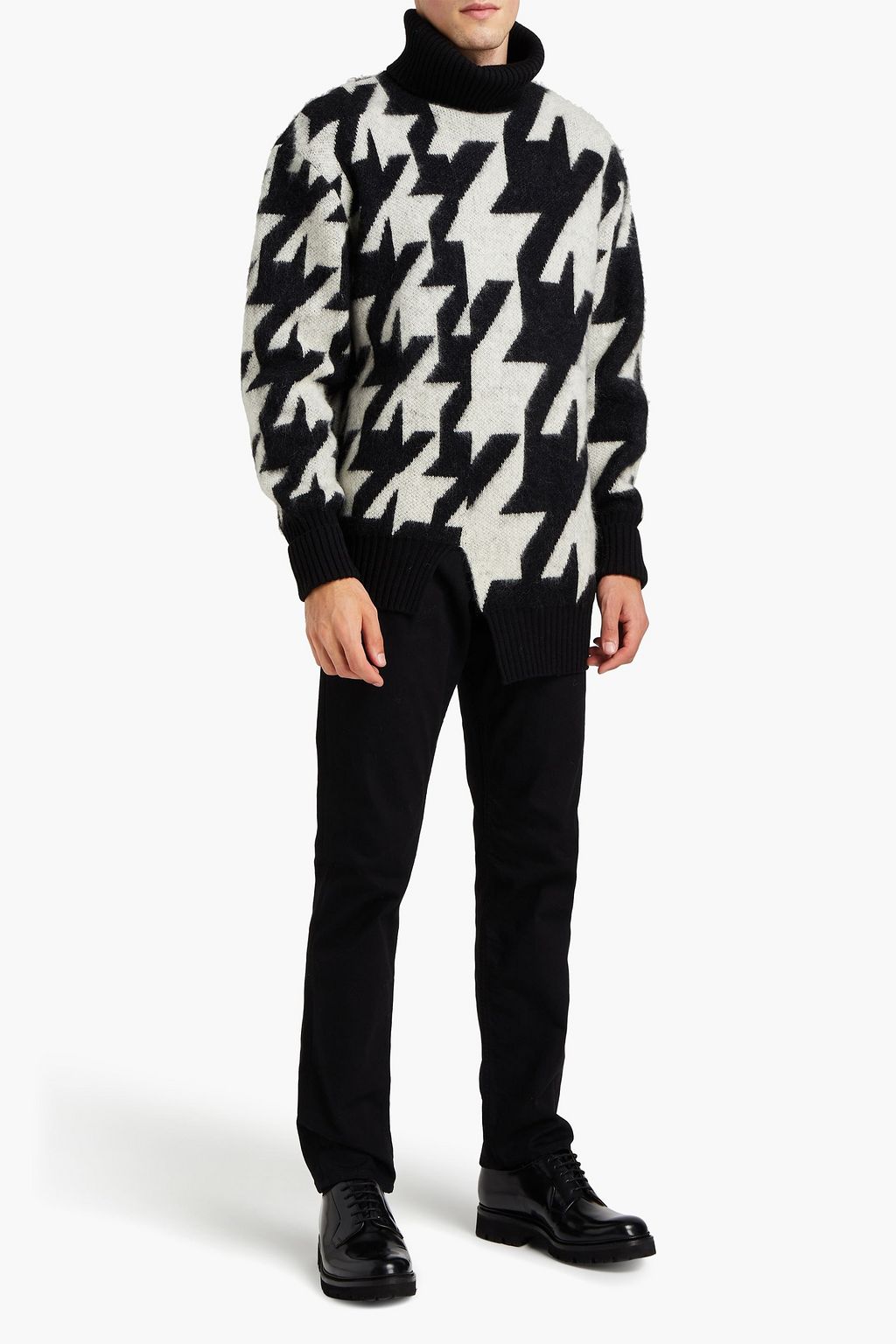 MCQUEEN Asymmetric houndstooth mohair-blend turtleneck sweater