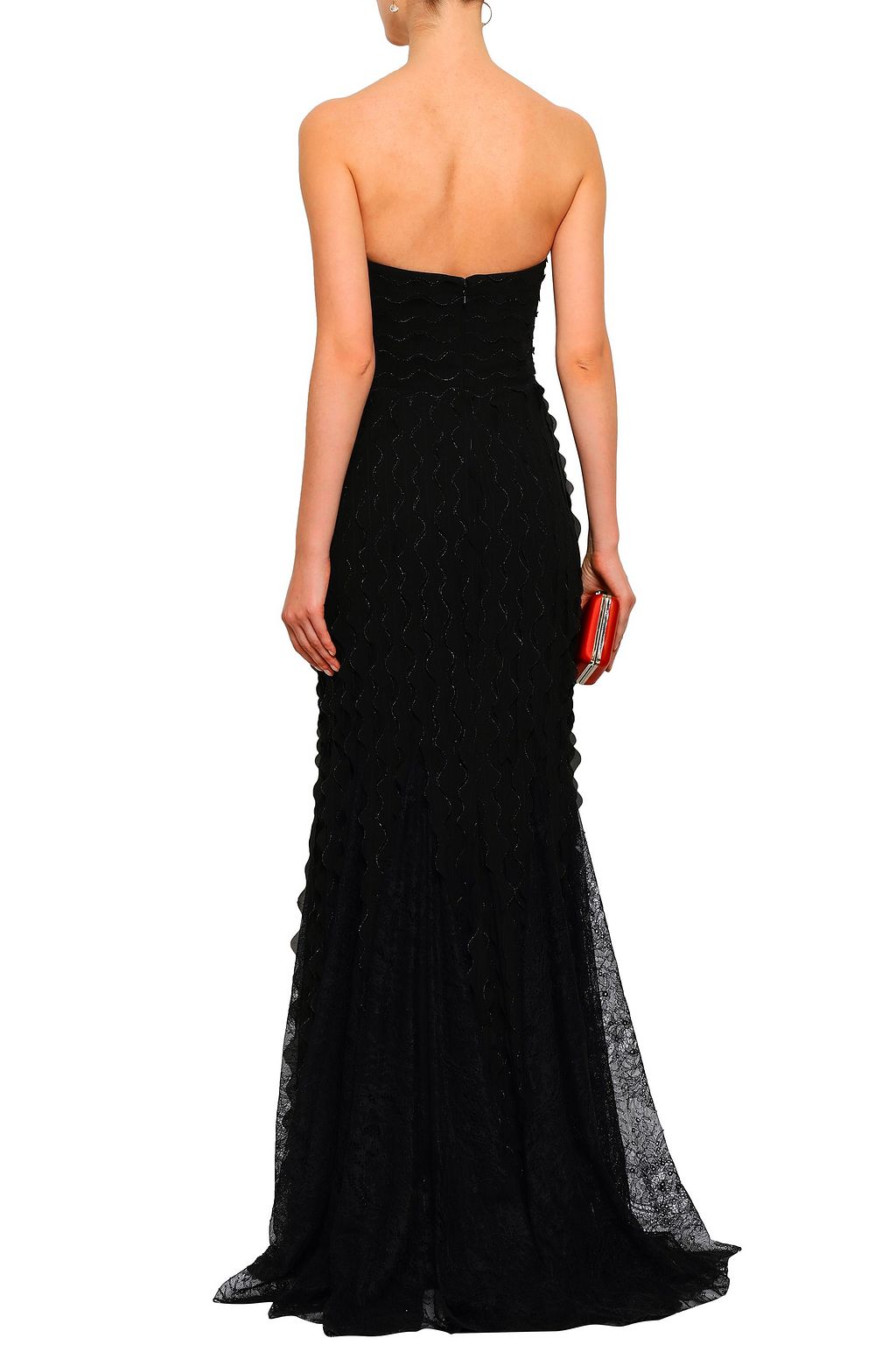 badgley mischka black strapless lace gown