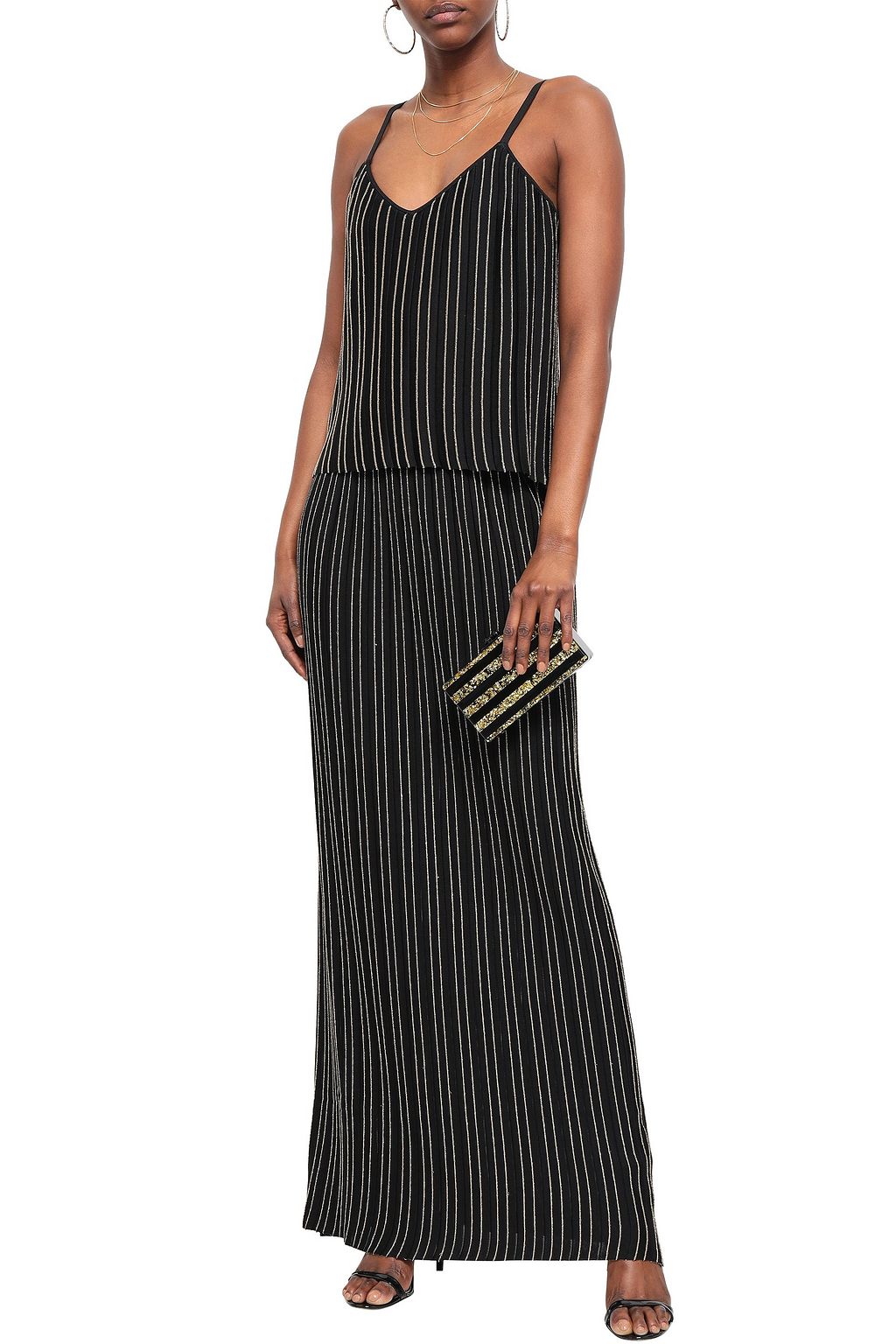 BALMAIN Layered metallic striped stretch-knit maxi dress