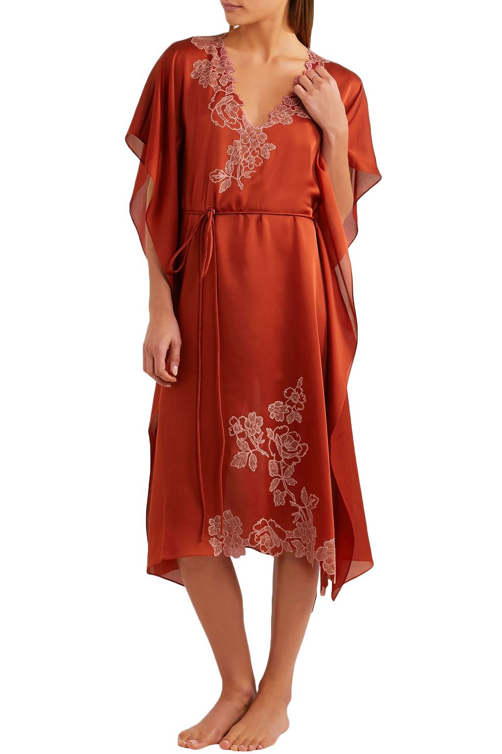 CARINE GILSON Chantilly lace-trimmed silk-satin kaftan