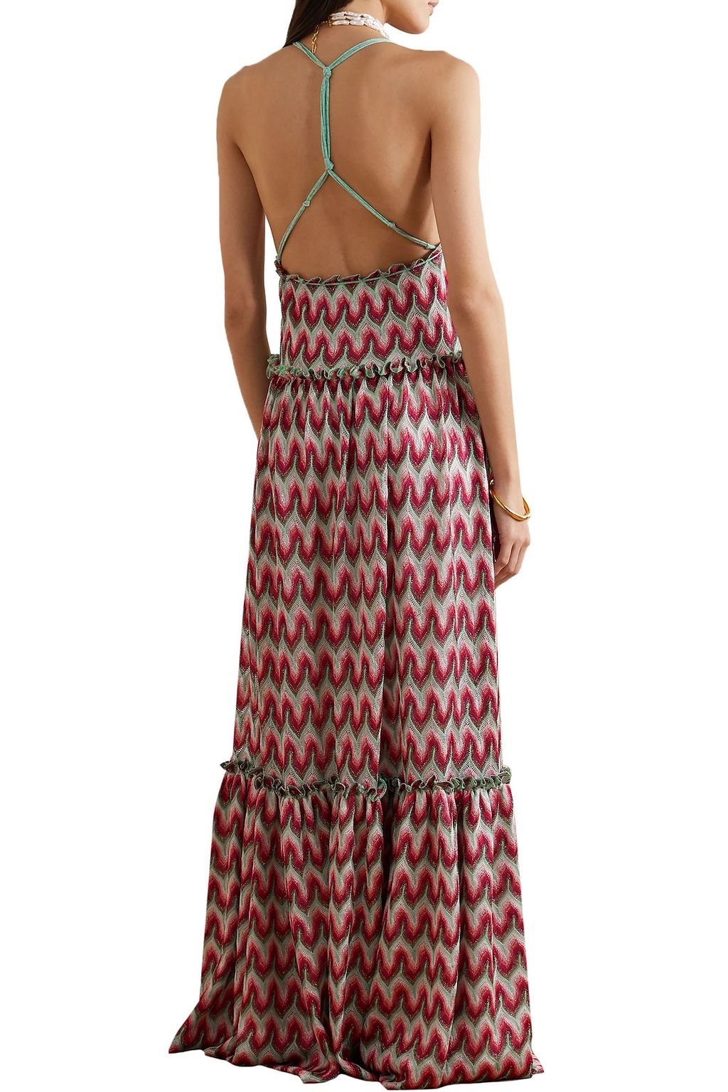 MISSONI Open-back metallic crochet-knit maxi dress