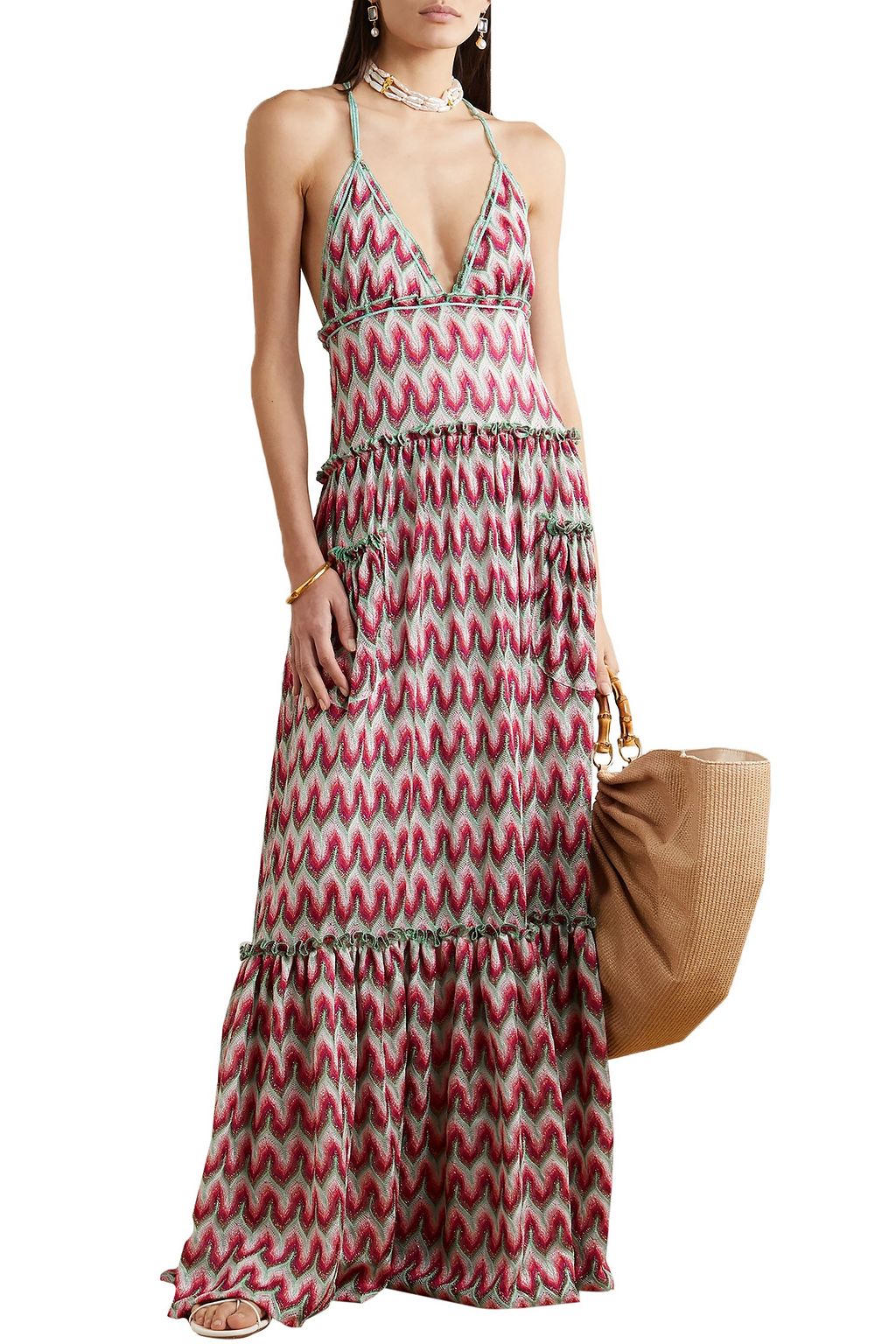 MISSONI Open-back metallic crochet-knit maxi dress