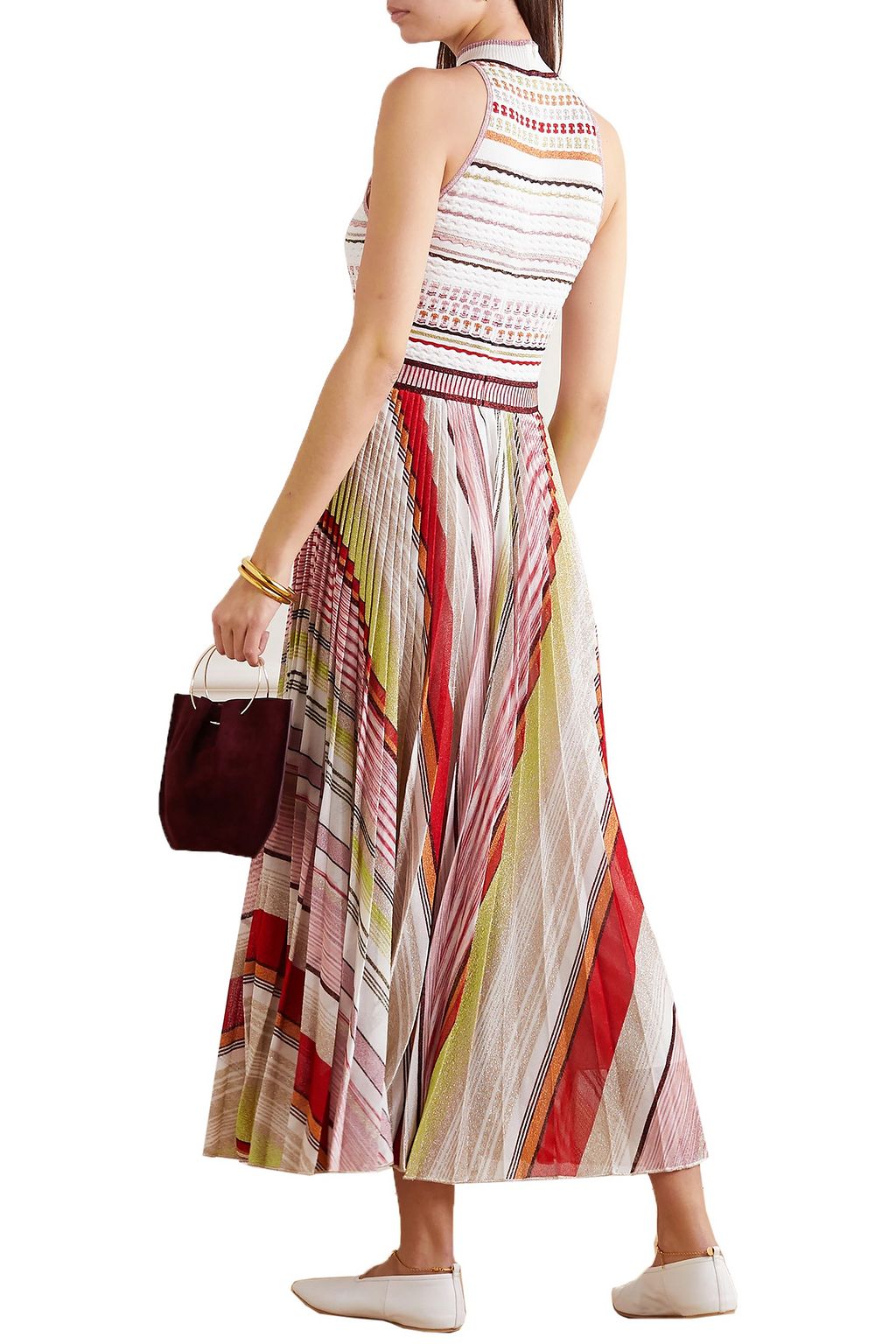 MISSONI Pleated striped metallic crochet-knit midi dress