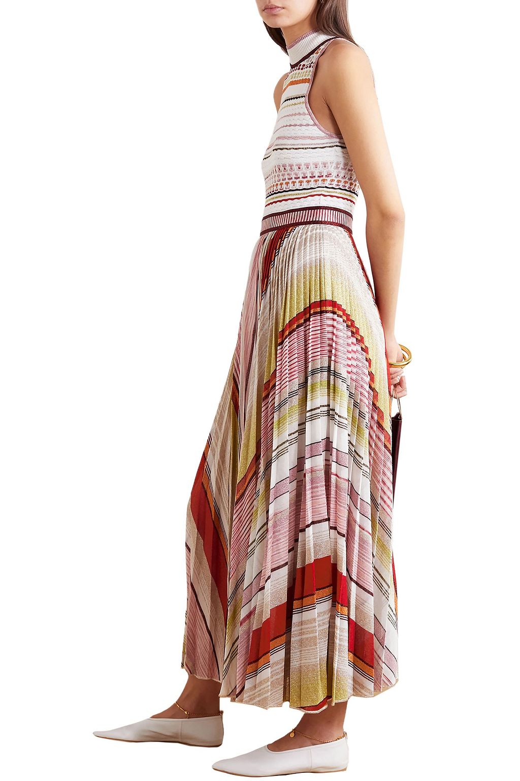 MISSONI Pleated striped metallic crochet-knit midi dress