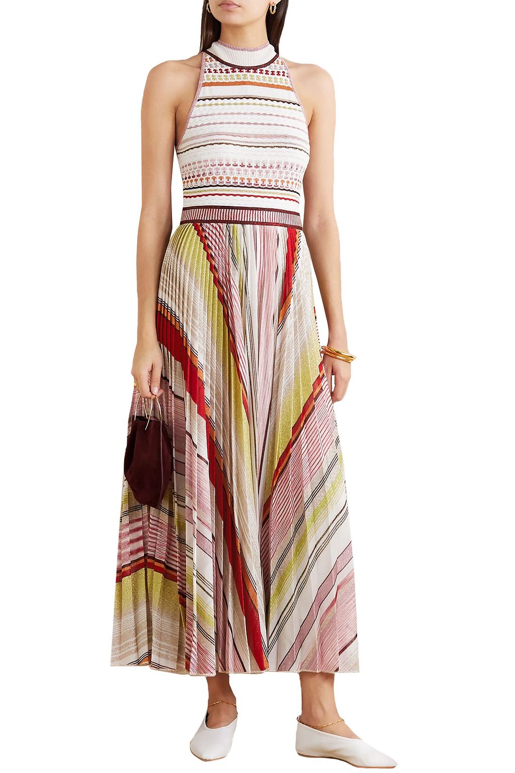 MISSONI Pleated striped metallic crochet-knit midi dress