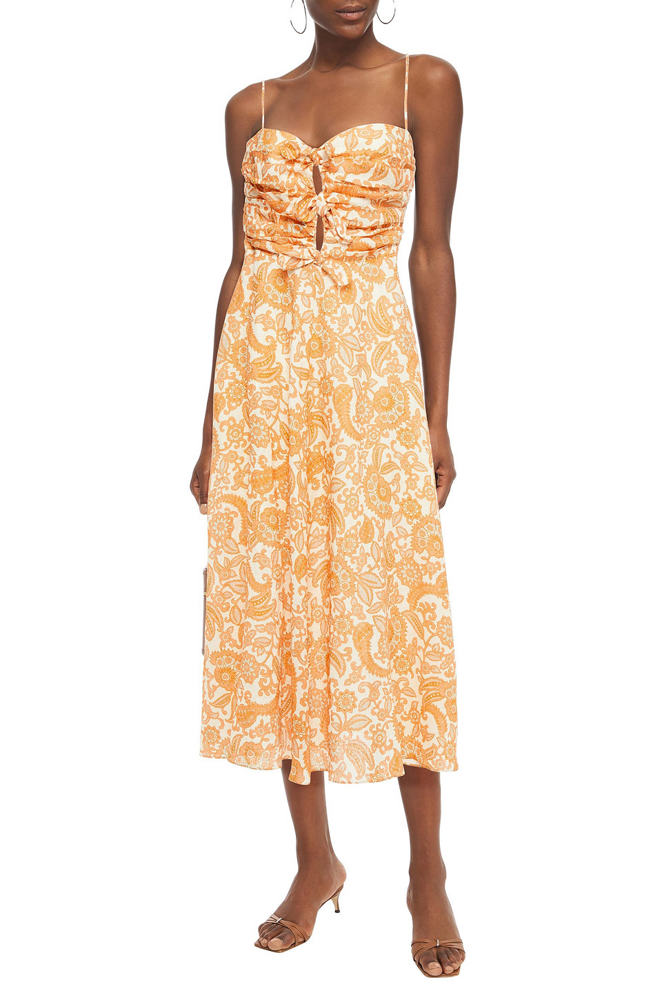 ZIMMERMANN PEGGY TIE-FRONT PRINTED LINEN MIDI DRESS