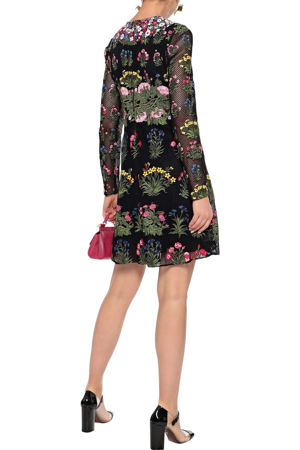 VALENTINO GARAVANI Floral-appliquéd cotton-blend guipure lace mini dress