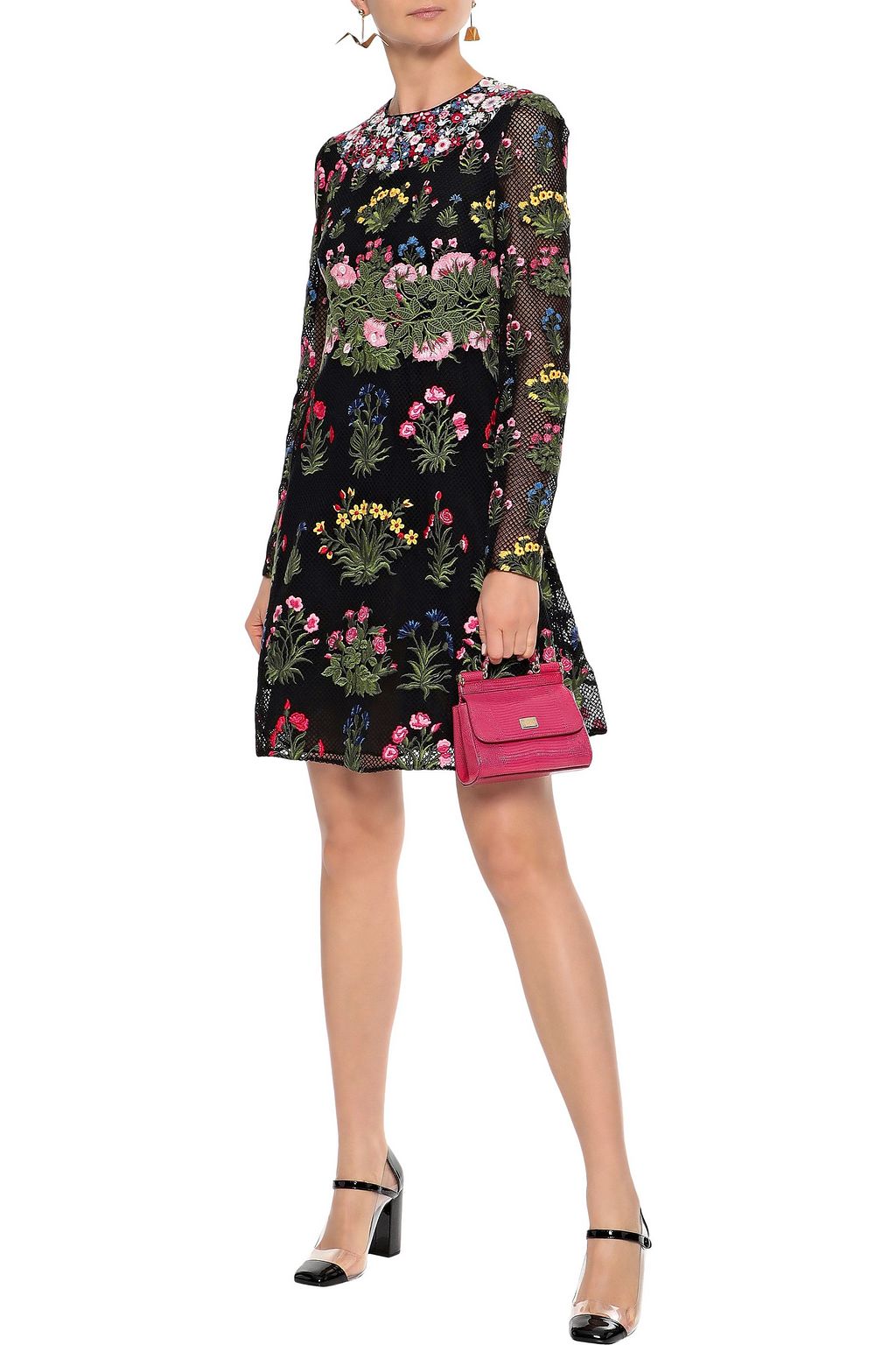 VALENTINO GARAVANI Floral-appliquéd cotton-blend guipure lace mini dress