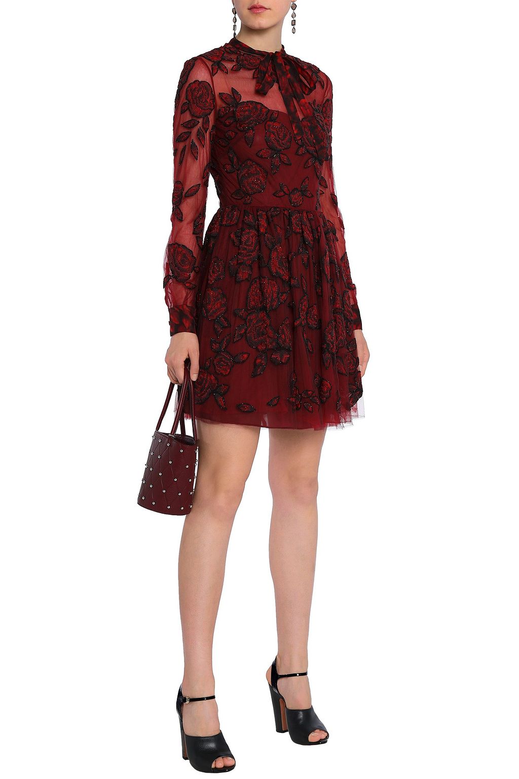 VALENTINO GARAVANI Embellished pussy-bow silk-tulle mini dress