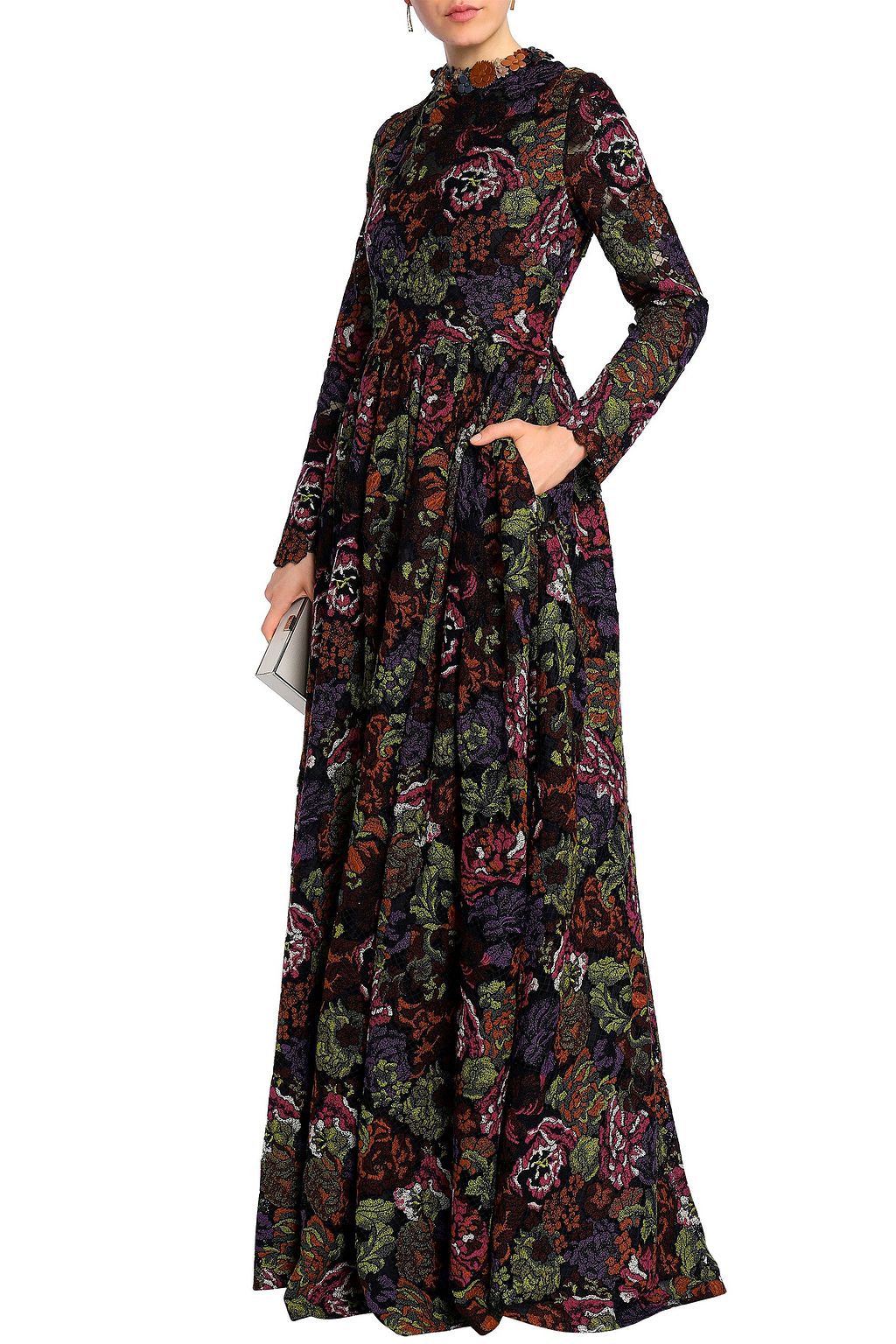 VALENTINO GARAVANI コットン混 レース＆メッシュ ロングドレス