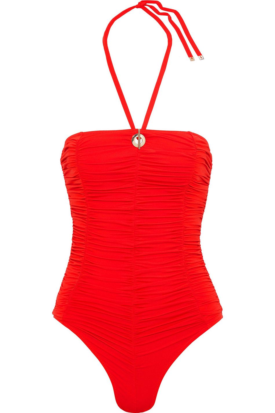 red ruched swimsuit