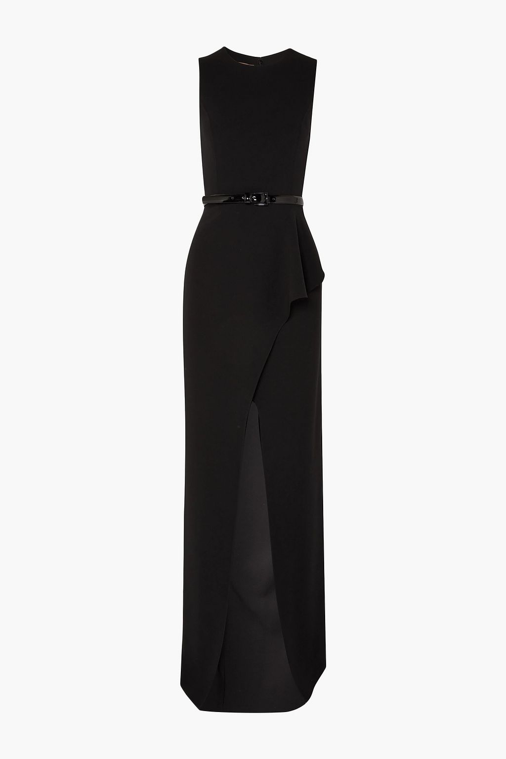 Belted ruffled wool-blend crepe gown 