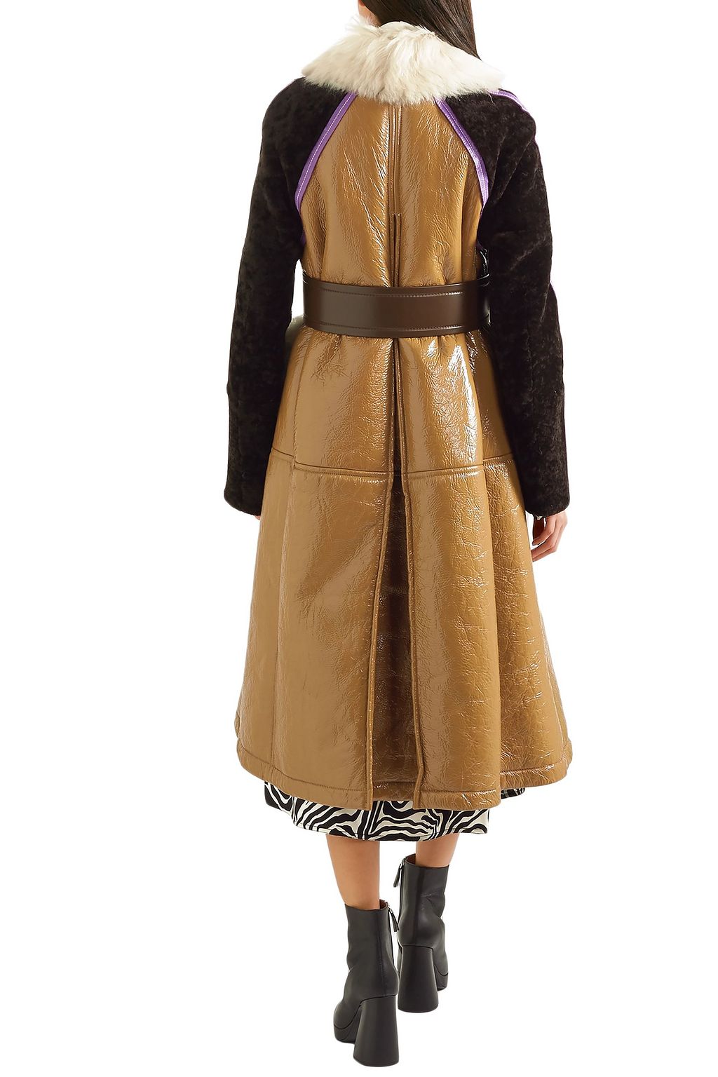 MARNI Shearling-paneled crinkled patent-leather coat