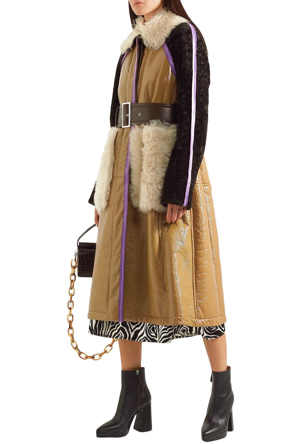 MARNI Shearling-paneled crinkled patent-leather coat