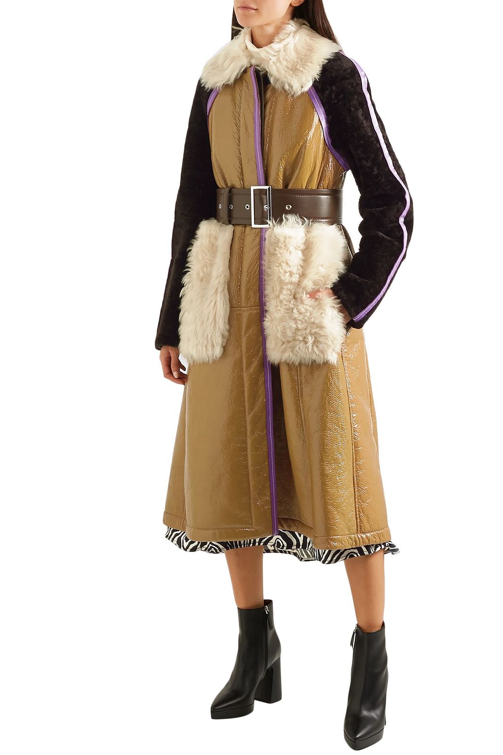 MARNI Shearling-paneled crinkled patent-leather coat