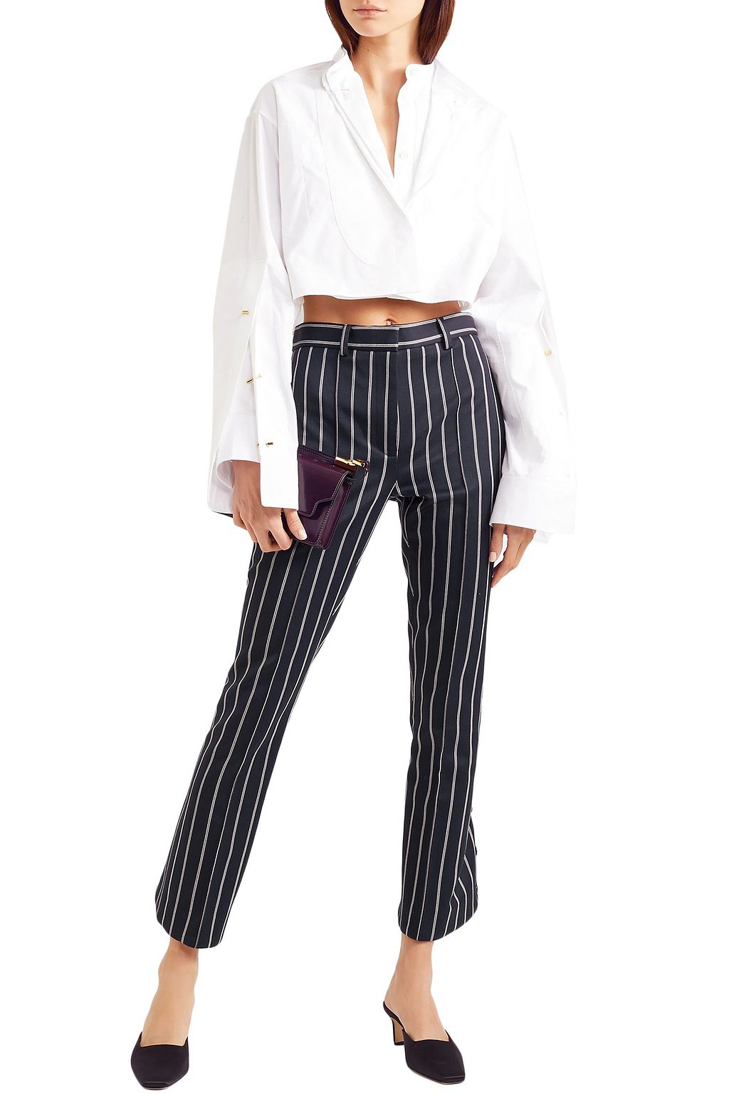 ROKH Button-detailed striped wool and cotton-blend striaght-leg pants