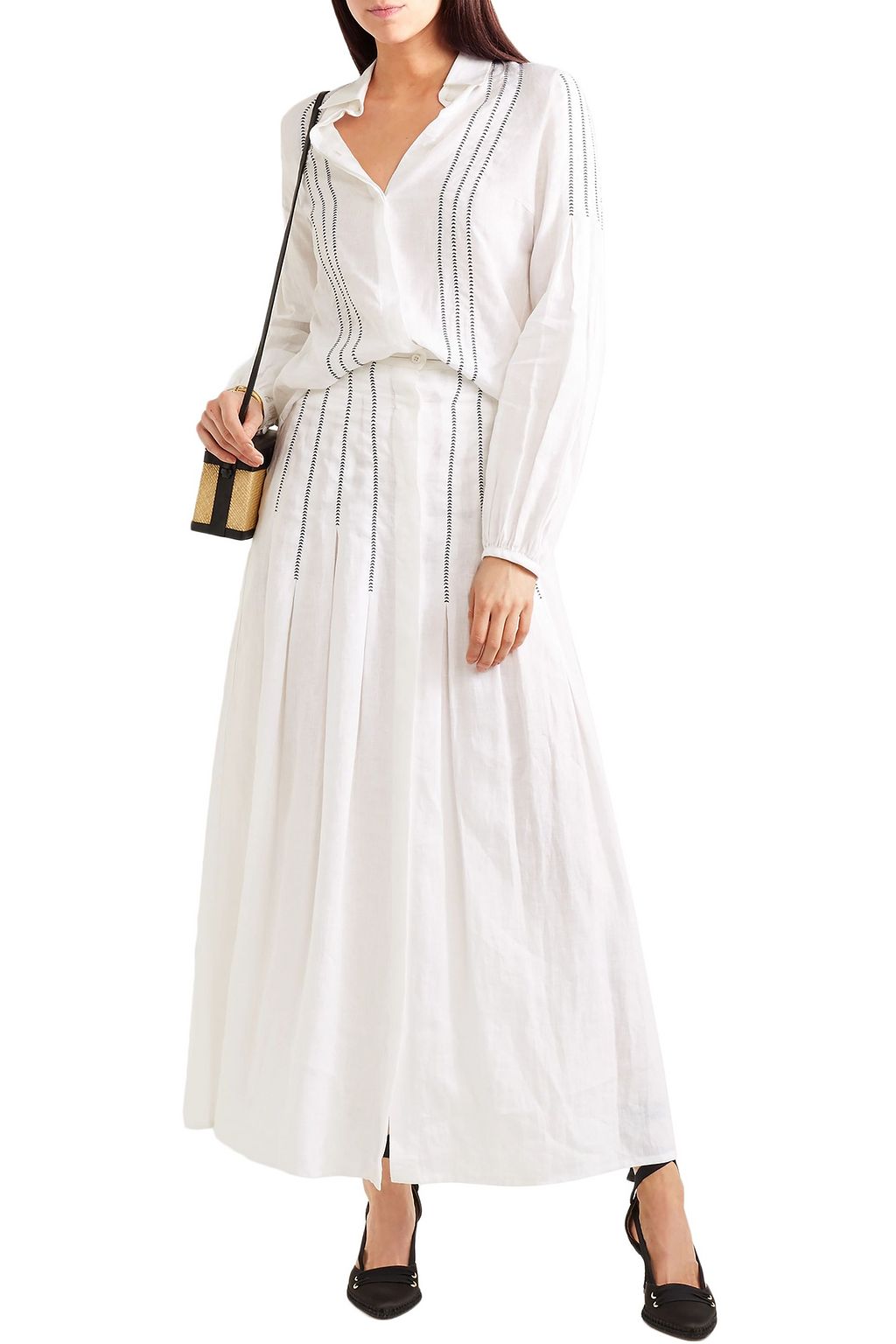 GABRIELA HEARST Joanne embroidered pleated linen midi skirt