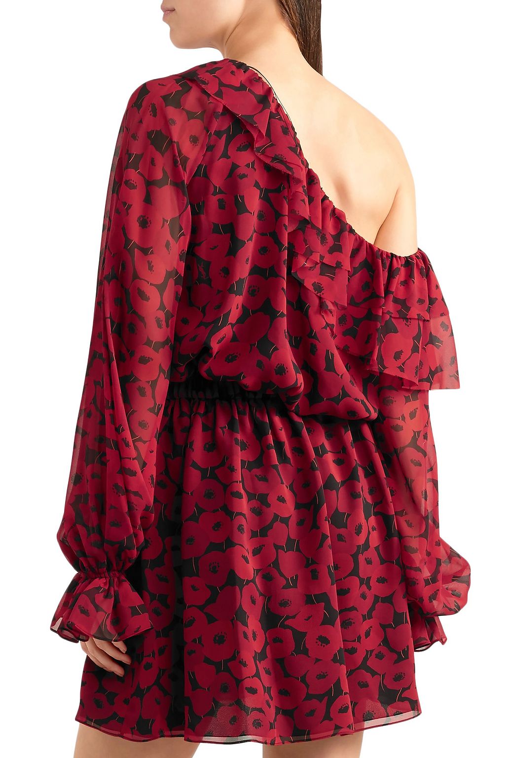 SAINT LAURENT One-shoulder ruffled floral-print silk-chiffon mini dress