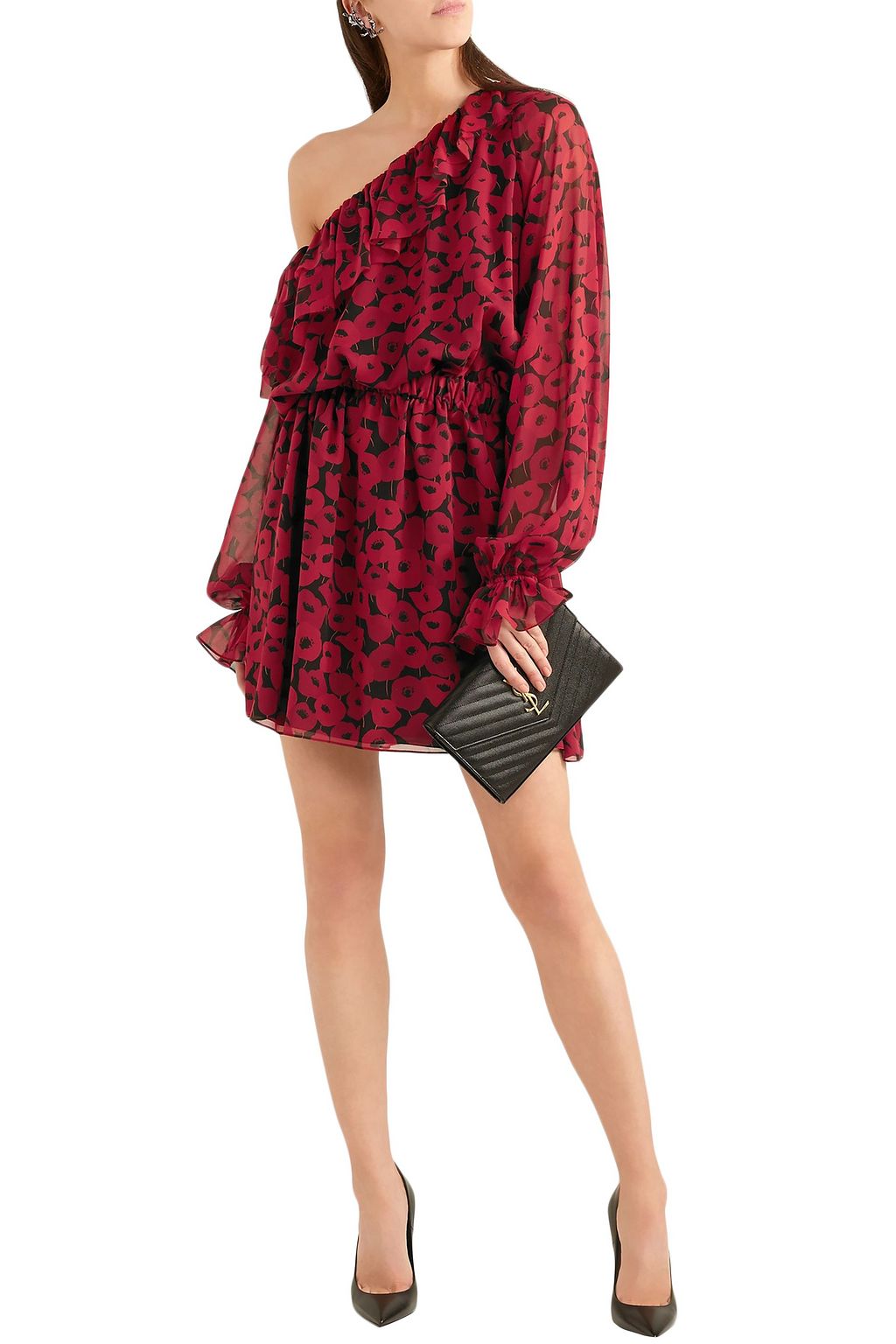 SAINT LAURENT One-shoulder ruffled floral-print silk-chiffon mini dress