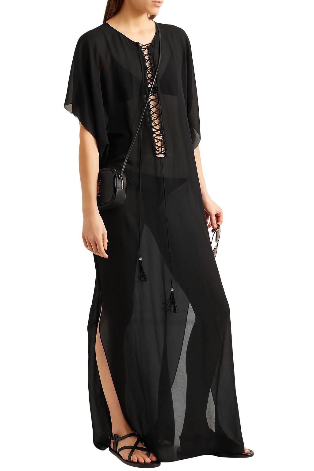 SAINT LAURENT Lace-up silk-chiffon kaftan