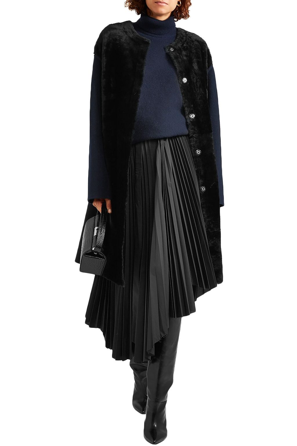 YVES SALOMON Paneled shearling and wool and cashmere-blend felt coat