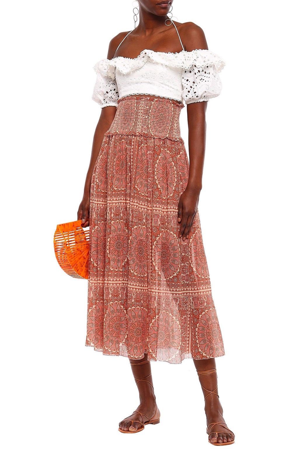 ZIMMERMANN Primrose shirred floral-print cotton and silk-blend midi skirt