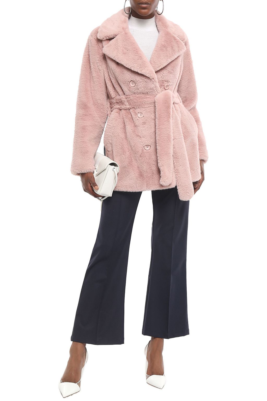 STAND Fausta double-breasted belted faux fur coat