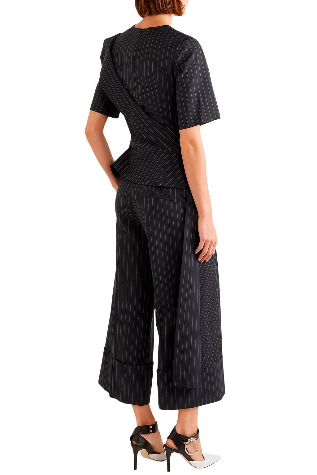 MONSE Asymmetric draped pinstriped wool-crepe top