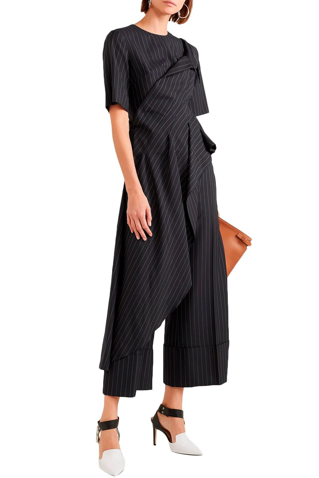 MONSE Asymmetric draped pinstriped wool-crepe top