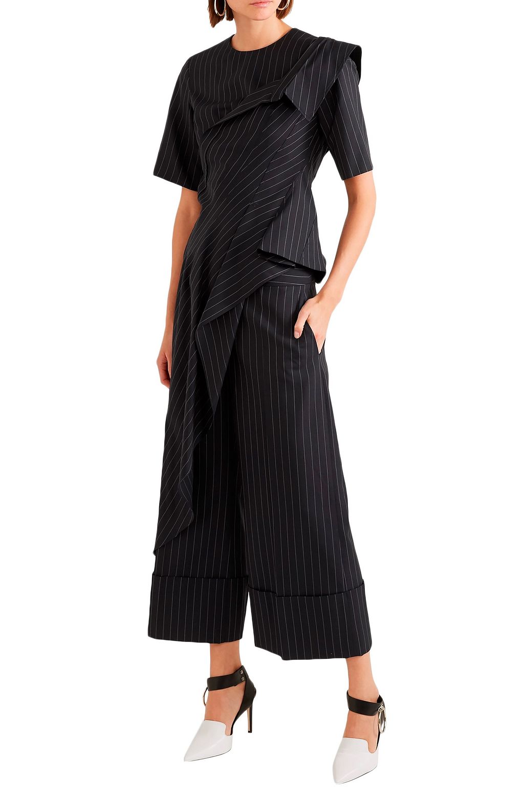 MONSE Asymmetric draped pinstriped wool-crepe top