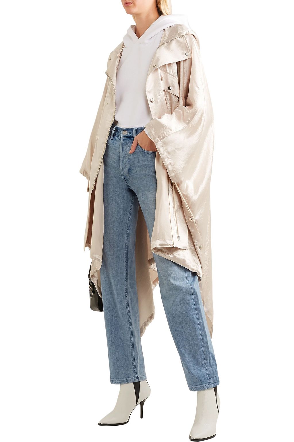 KOCHÉ Asymmetric hooded satin coat