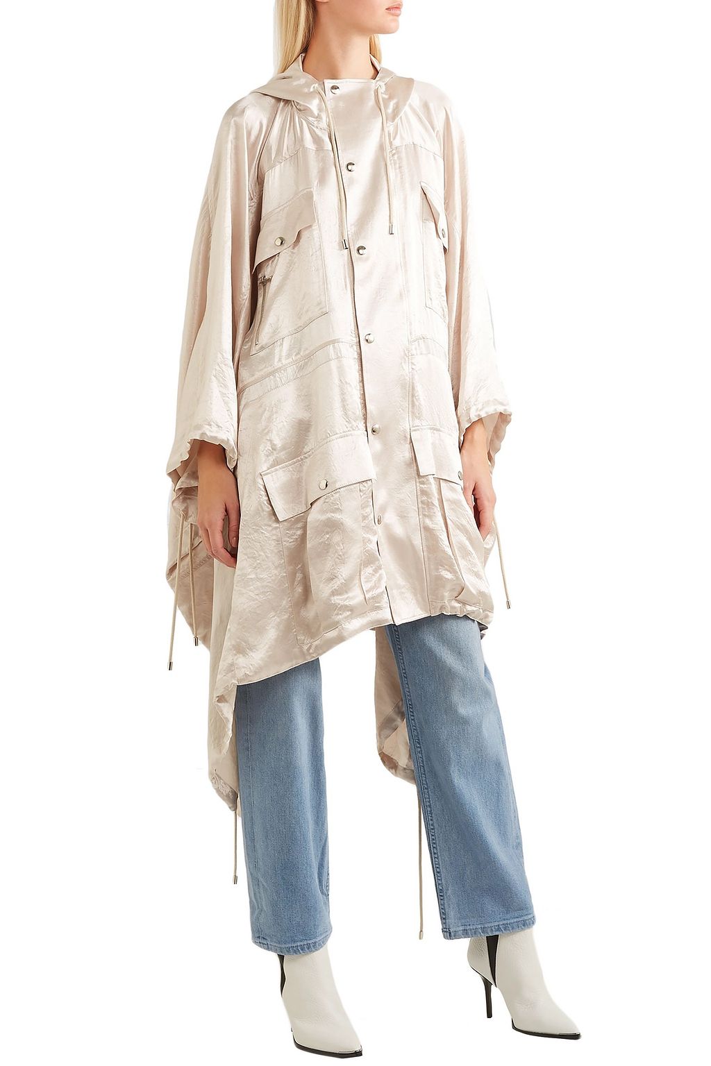 KOCHÉ Asymmetric hooded satin coat