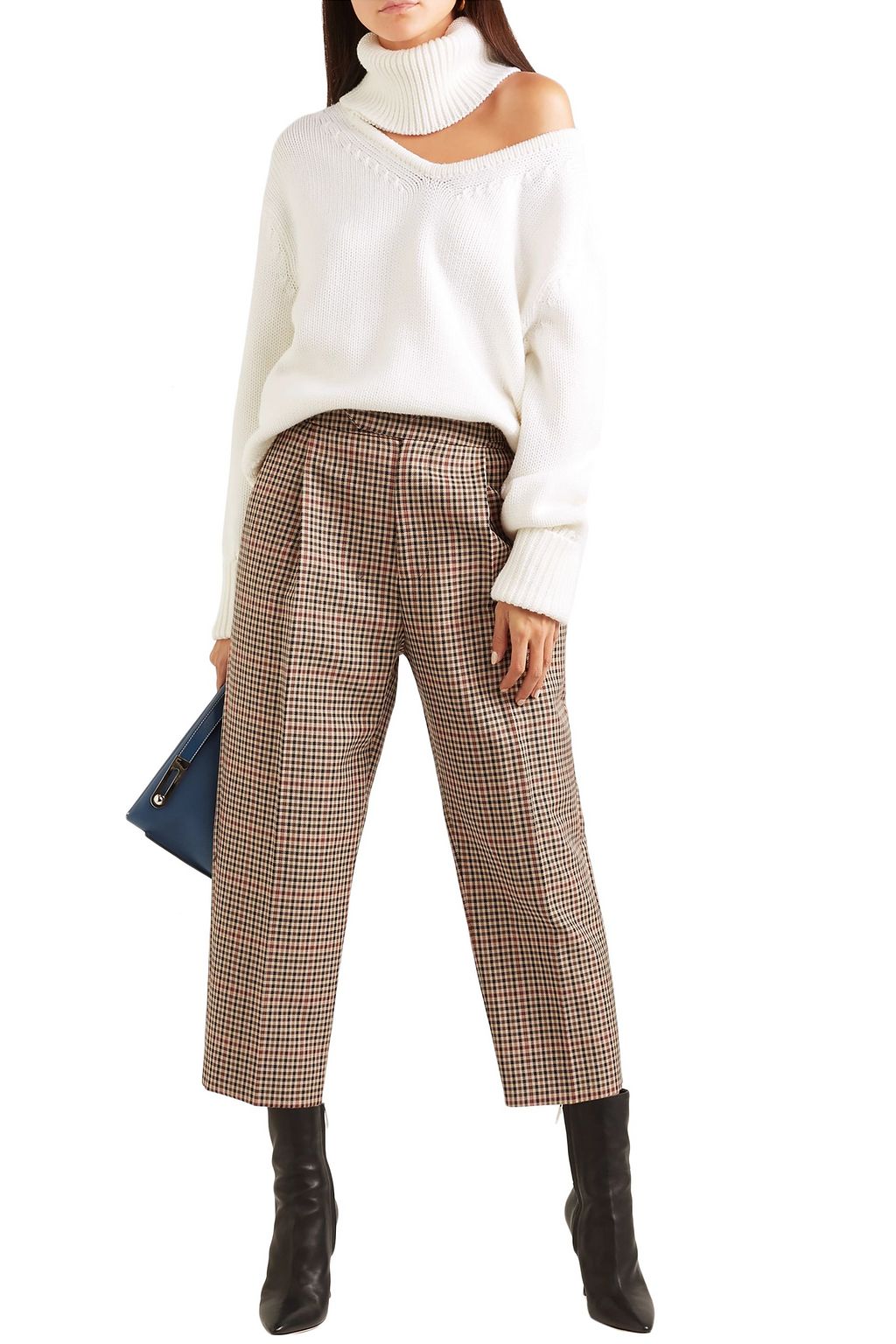 MONSE Cropped pleated checked wool-blend straight-leg pants