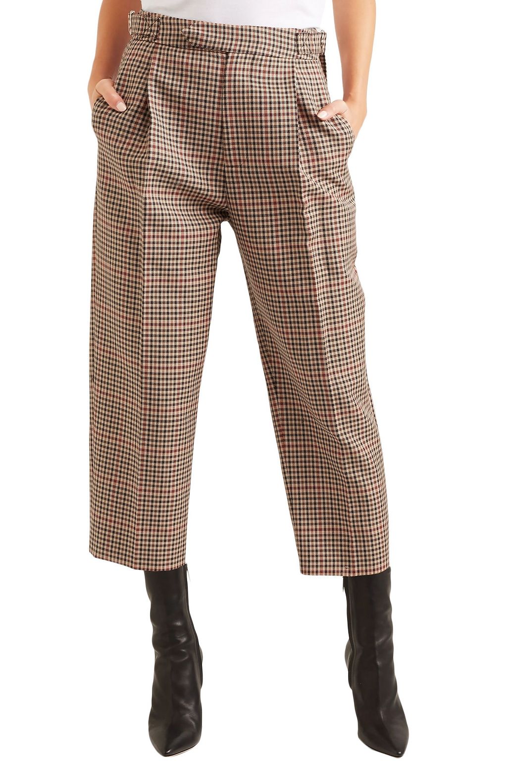 MONSE Cropped pleated checked wool-blend straight-leg pants