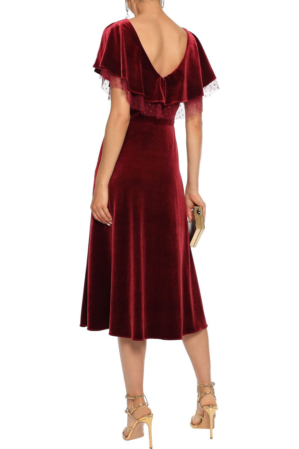 MIKAEL AGHAL Point d'esprit-trimmed ruffled velvet midi dress