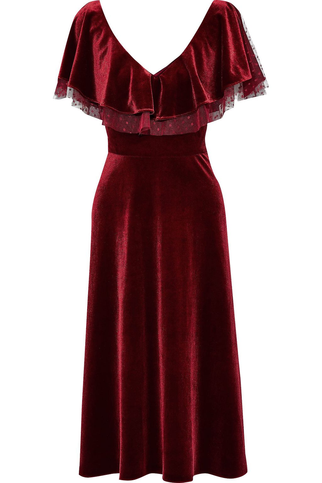 Claret Point d'esprit-trimmed ruffled velvet midi dress | Sale up to 70 ...