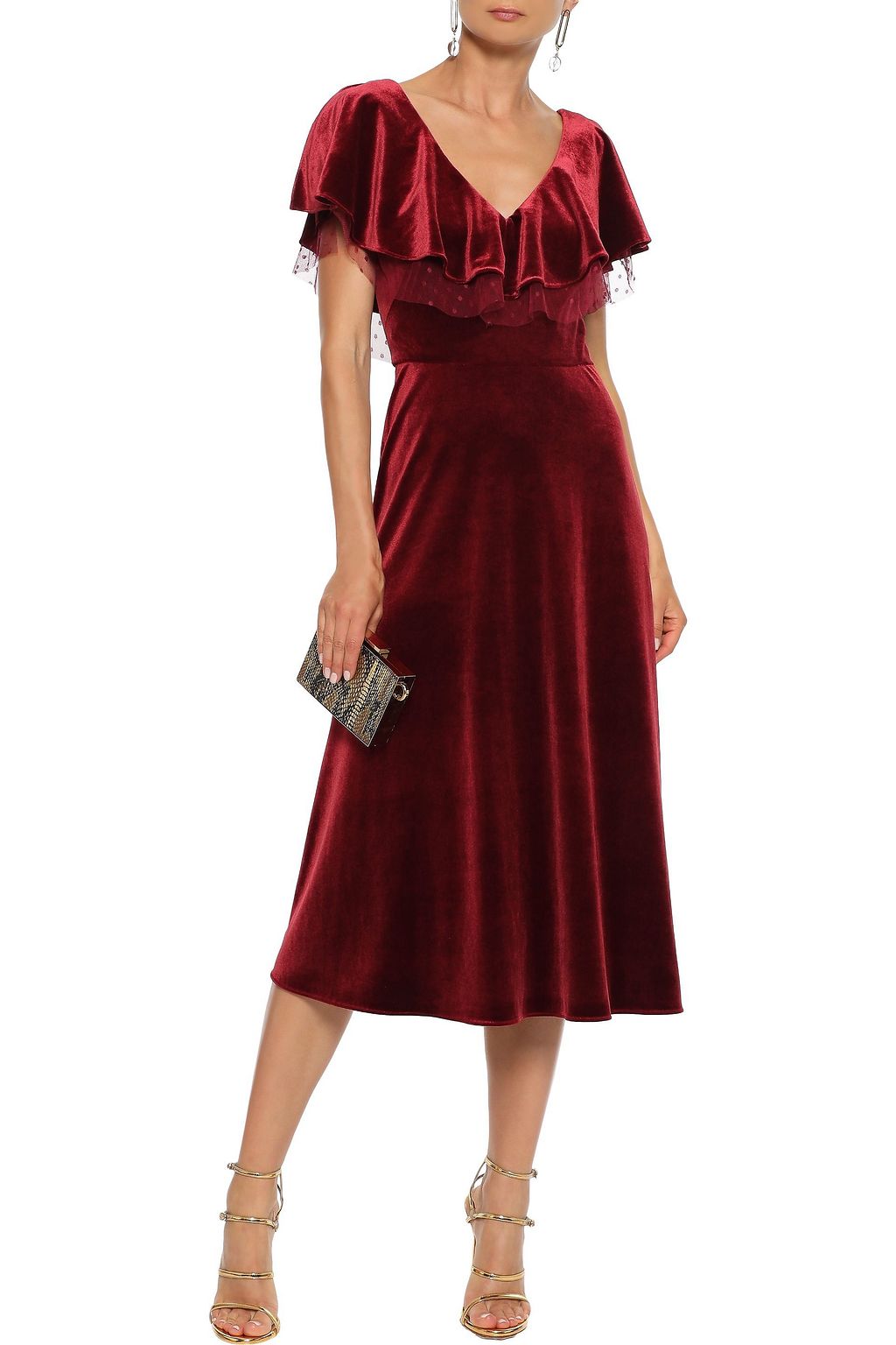 MIKAEL AGHAL Point d'esprit-trimmed ruffled velvet midi dress