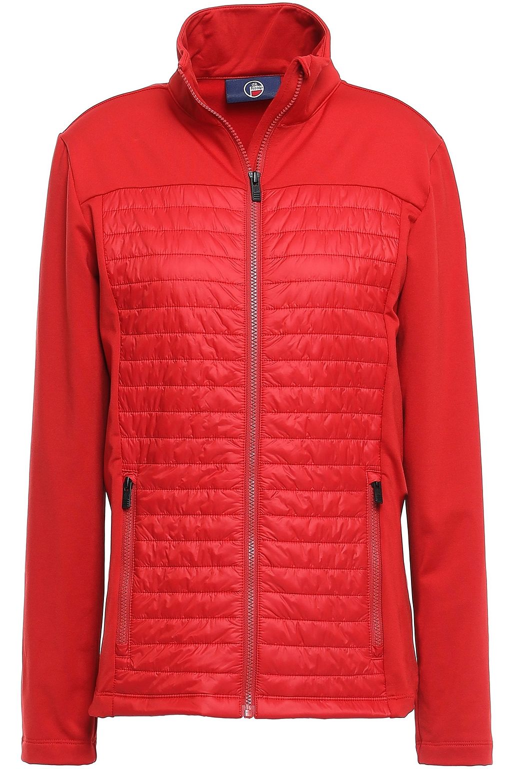 panelled jersey and quilted shell down jacket